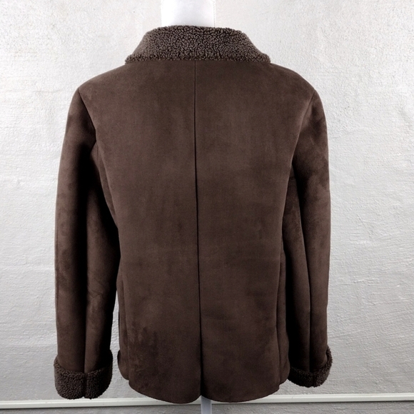 Lands' End Brown Faux Suede Leather Collared Button Up Long Sleeve Winter Coat - Picture 7 of 13